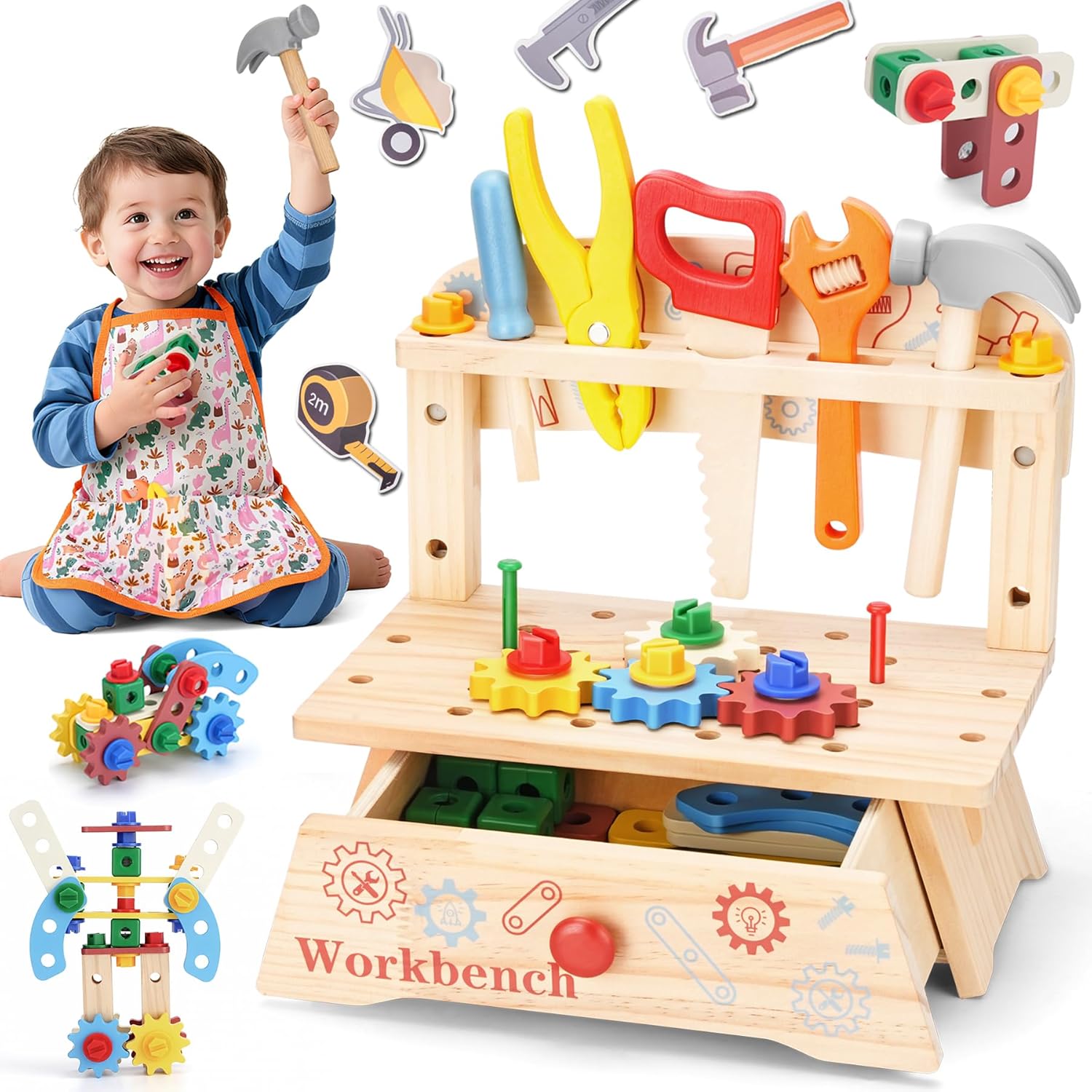 Gardening Tools Toddler - Holzwerkzeugbank für Kinder, Montessori-Pädagogisches Rollenspiel-Konstruktionsspielzeug, Aktivitätsgeschenk,